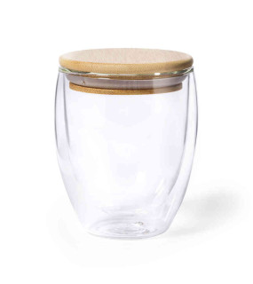 BICCHIERE TERMICO IN VETRO, 250 ml, CON COPERCHIO IN BAMBU' 10,8