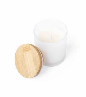 CANDELA CON VASO IN VETRO E COPERCHIO IN BAMBU' 8,7x7Ø cm